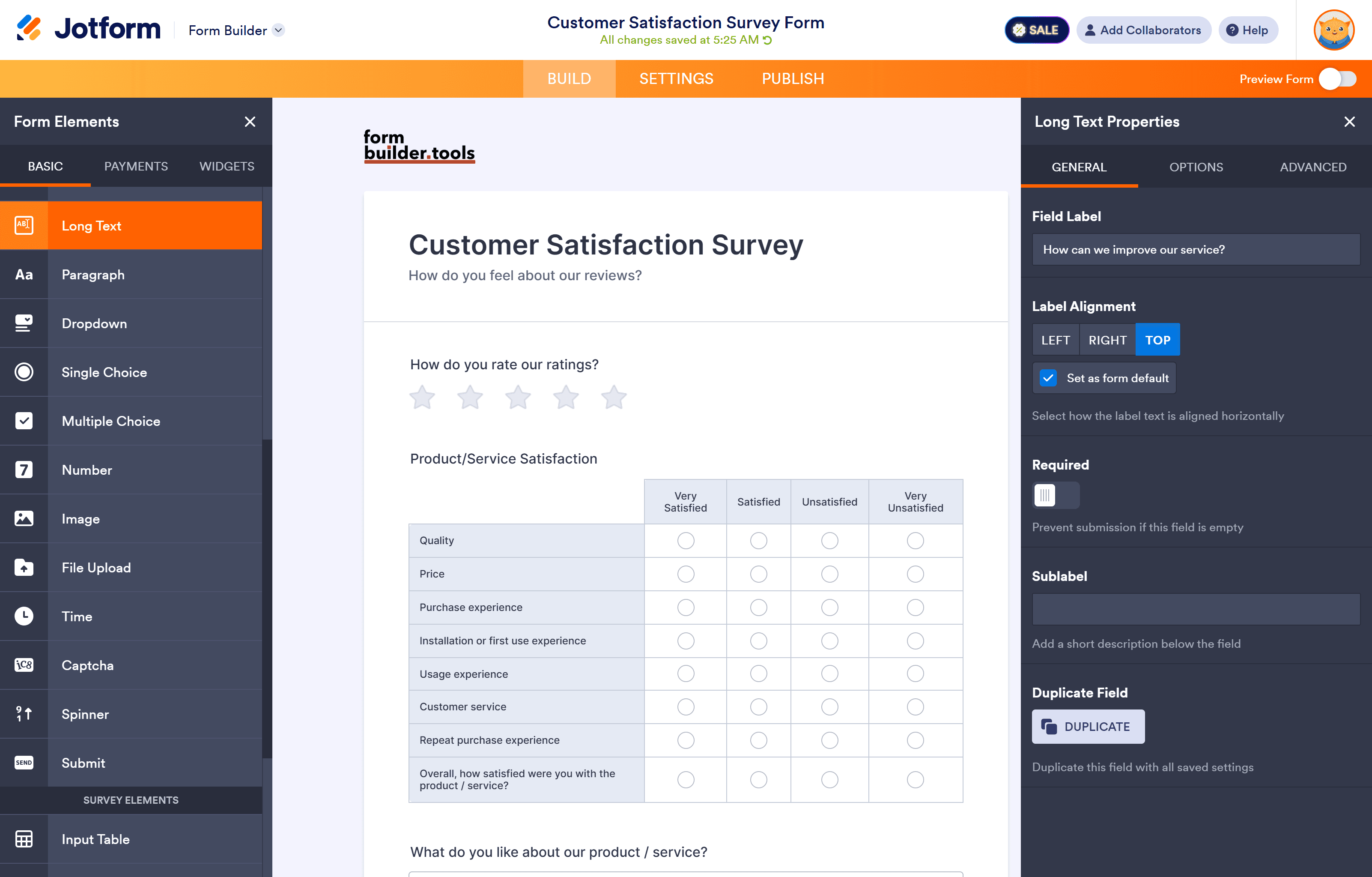 Form editor screen of Jotform