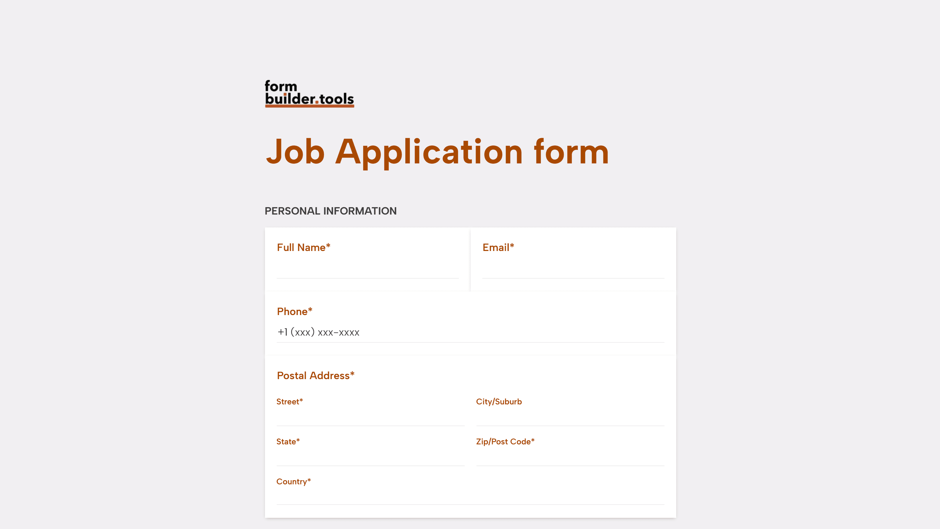 A job application form example created on Paperform