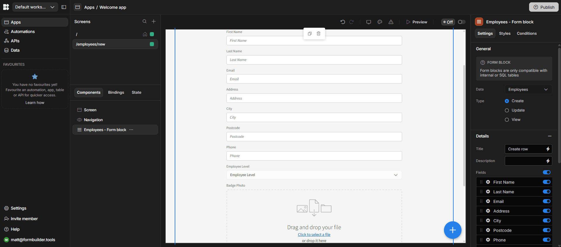 Budibase's form building interface